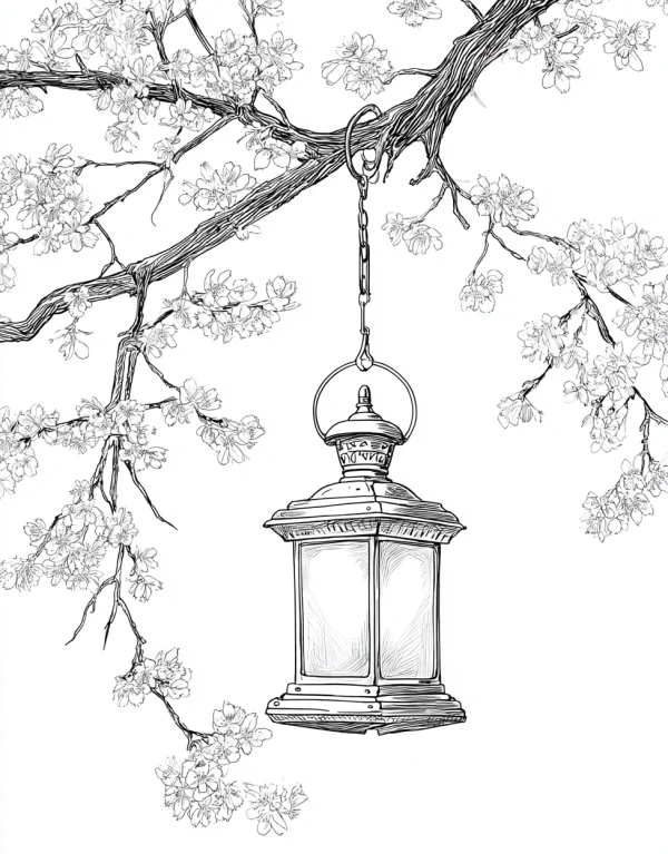 Vintage lantern hanging on flowering tree branch, sketch style — free printable life coloring book page