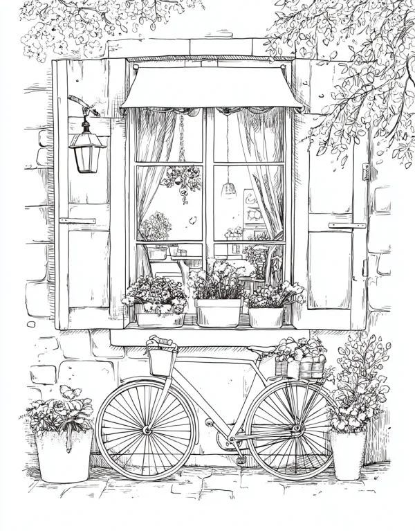 Window with potted flowers and vintage bicycle, sketch style — free printable life coloring book page