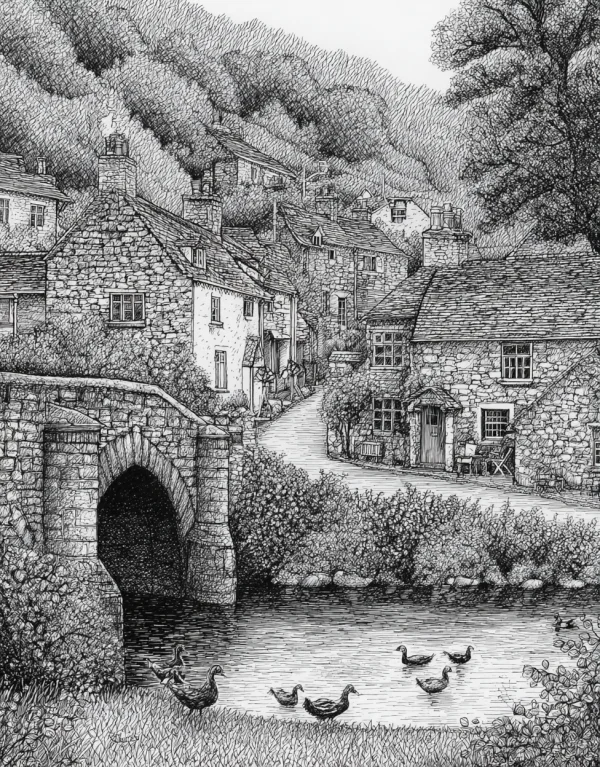 Riverside stone cottage village scene, realistic sketch style — free printable country life coloring book page