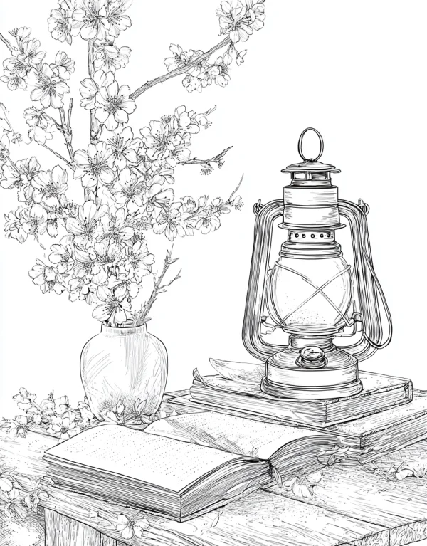 Still life with oil lamp, open books — free printable reading coloring book page