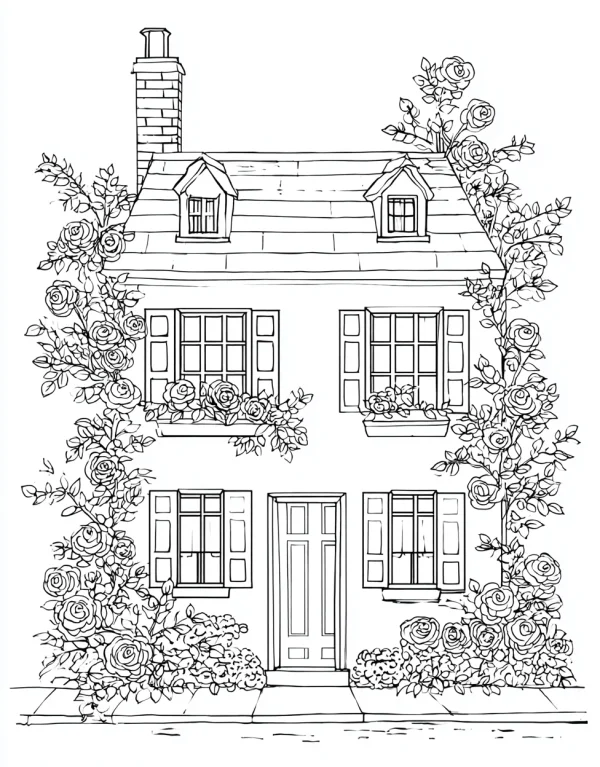 Country cottage surrounded by climbing roses and vines, realistic line art style — free printable gardening coloring book page