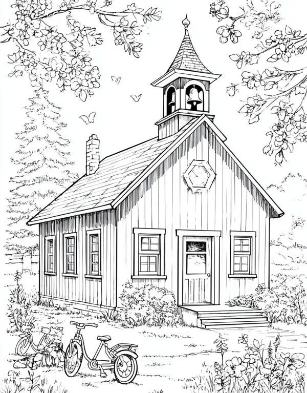 Rural small schoolhouse with bell tower, sketch style — free printable learning coloring book page