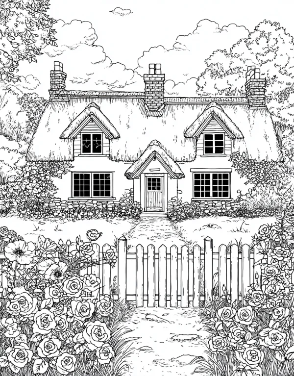 Countryside garden cottage with thatched roof, pastoral realistic illustration style — free printable gardening coloring book page