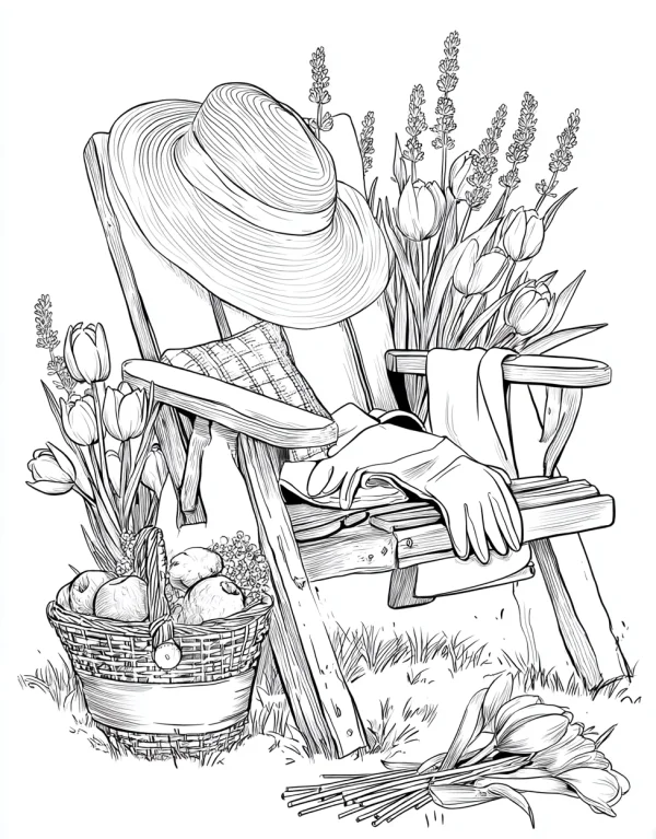 Outdoor garden chair with wide-brimmed hat, gardening gloves — free printable gardening coloring book page