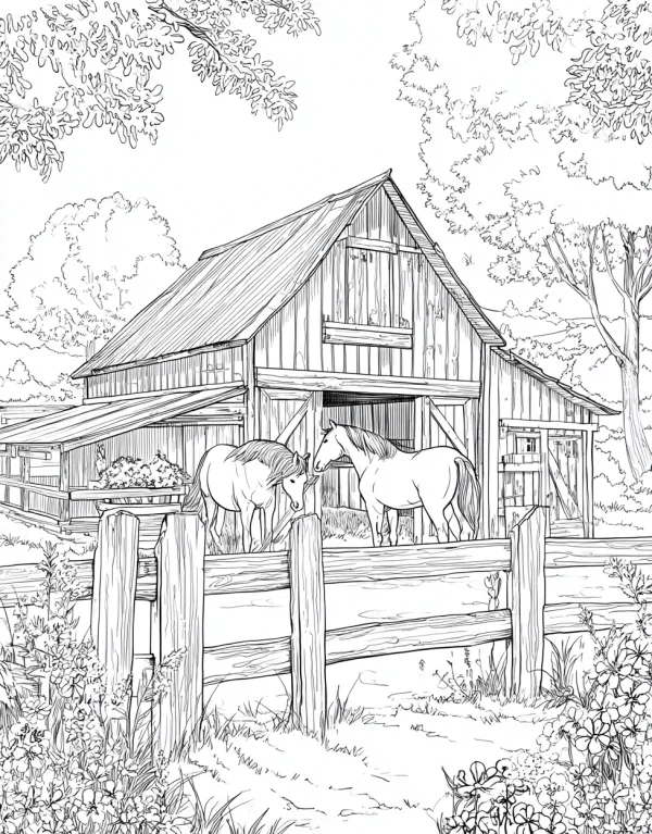 Two horses by a rustic barn in a pastoral farm scene, realistic  detailed countryside elements including wooden fence — free printable country life coloring book page