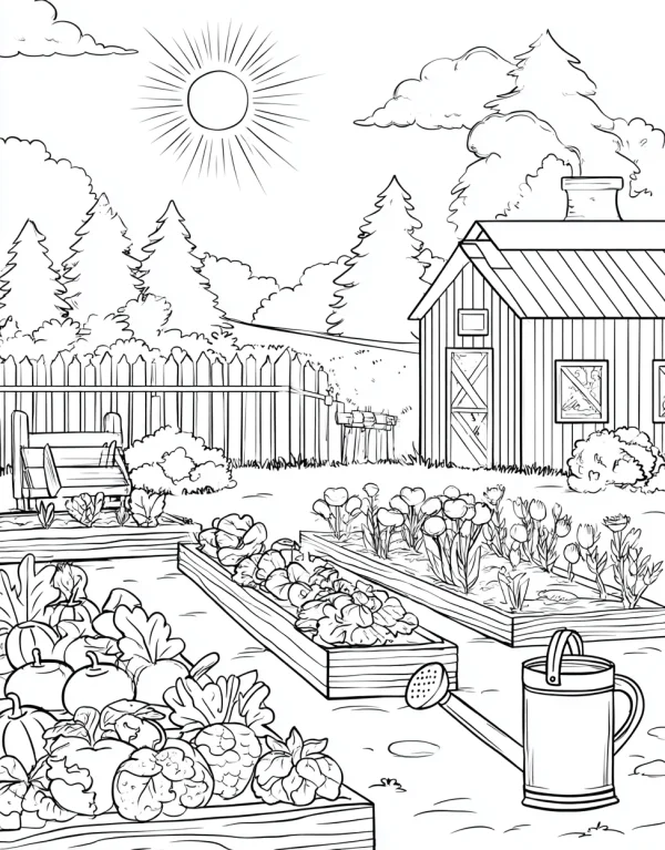 Cozy home garden scene with cottage, vegetable beds — free printable life coloring book page