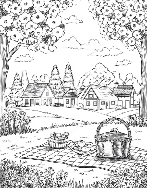 Rural picnic scene with cottages in the background, realistic illustration style — free printable picnic coloring book page