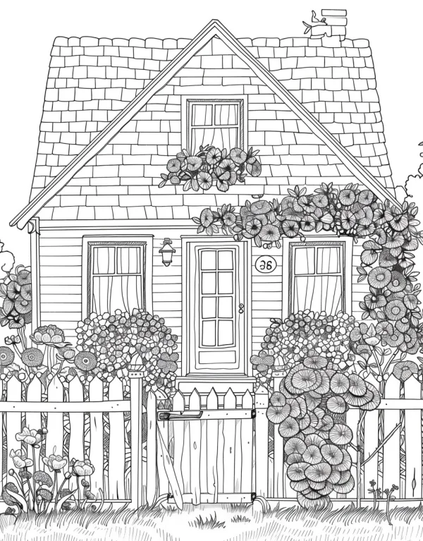 Cozy country cottage with flower garden, realistic sketch illustration style — free printable life theme coloring book page