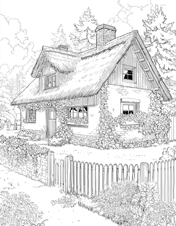 Rustic countryside cottage with thatched roof, realistic line art style — free printable rural life coloring book page