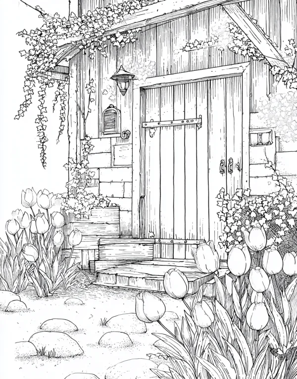 Cozy cottage doorfront with tulip garden, realistic sketch style — free printable life coloring book page