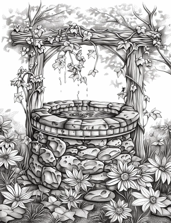 Old well surrounded by vines and daisies, sketch style — free printable plants coloring book page
