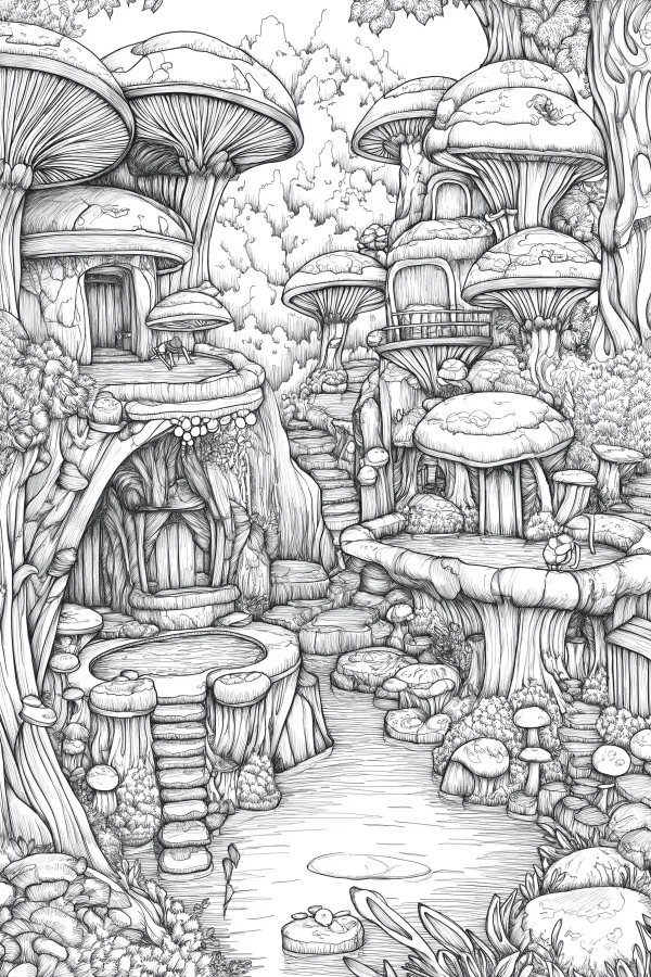 Magical mushroom village, fantasy fairy tale style — free printable plants coloring book page