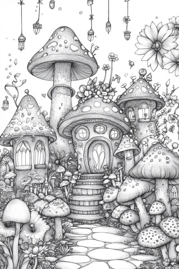 Fairy tale mushroom house cluster, fairy tale style — free printable plants coloring book page
