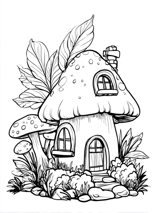 Coloring book page, fairy tale mushroom cottage — free printable imagination coloring book page