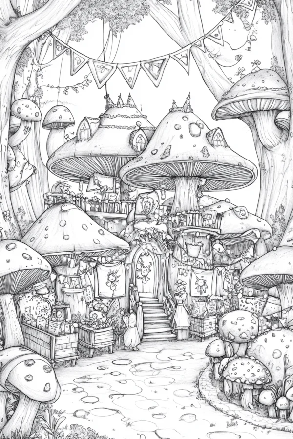 Fairy tale mushroom house forest scene, fantasy illustration style — free printable imagination coloring book page