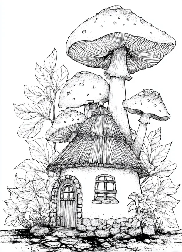 Mushroom fairy cottage, fairy tale style — free printable imagination coloring book page