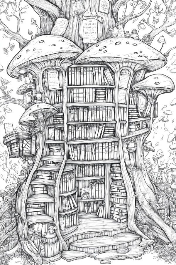 Mushroom tree house library in enchanted forest, fairy tale fantasy style — free printable reading coloring book page
