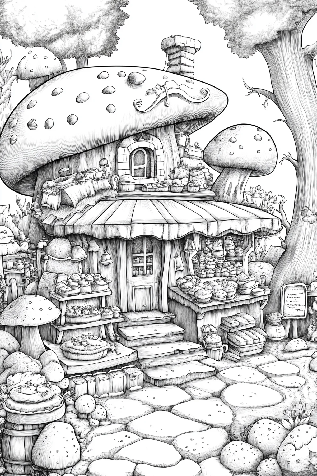 Coloring book page, mushroom-shaped fairy tale shop — moderate detail — line art coloring page — for kids and adults of all ages