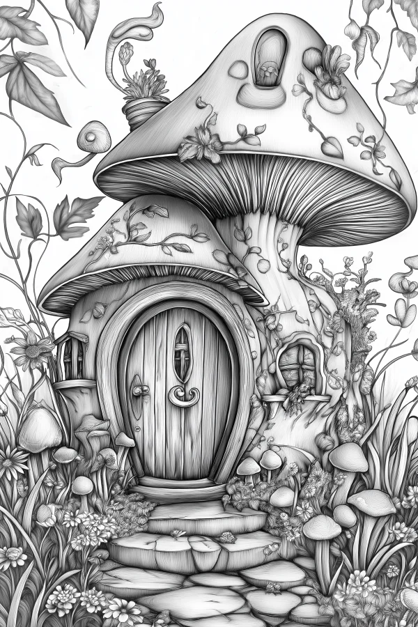 Fairy tale mushroom cottage, fantasy style — free printable plants coloring book page