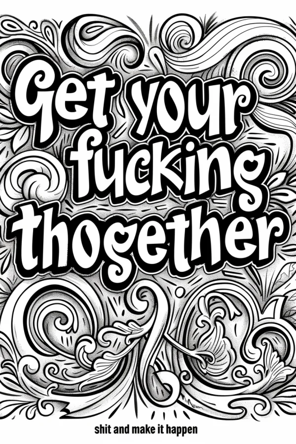 Bold swear word art text with intricate swirl and scroll decorative patterns, graffiti and decorative art style — free printable emotional expression coloring book page