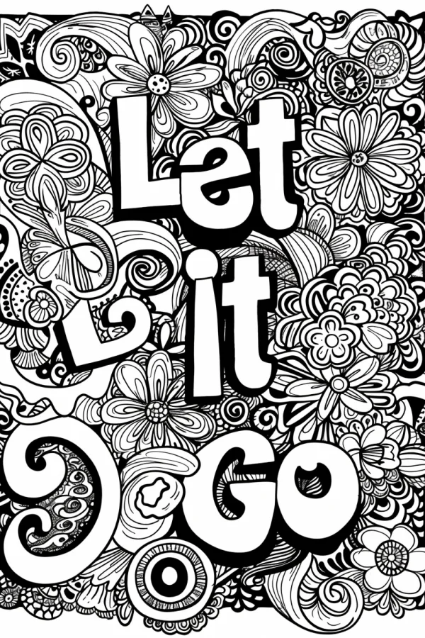 Zentangle art with flowers and bold text 'let it go', intricate organic line patterns with geometric and spiral motifs — free printable art coloring book page