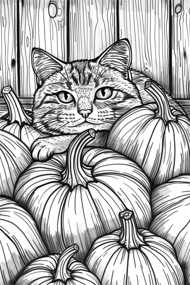 Cat lying on a pile of pumpkins, sketch style — moderate detail — line art coloring page — for kids and adults of all ages