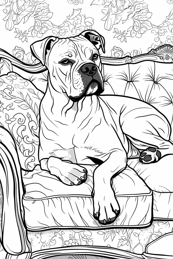 Bulldog lounging on an ornate sofa with floral patterned cushions and floral background, realistic illustration style — free printable life coloring book page