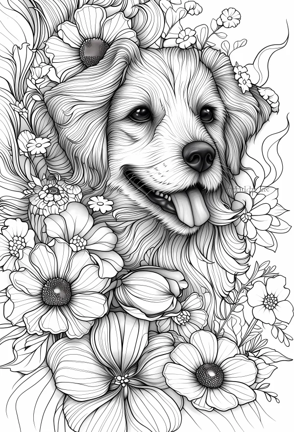 Golden retriever dog surrounded by various daisies and flowers, realistic line art style — free printable nature theme coloring book page