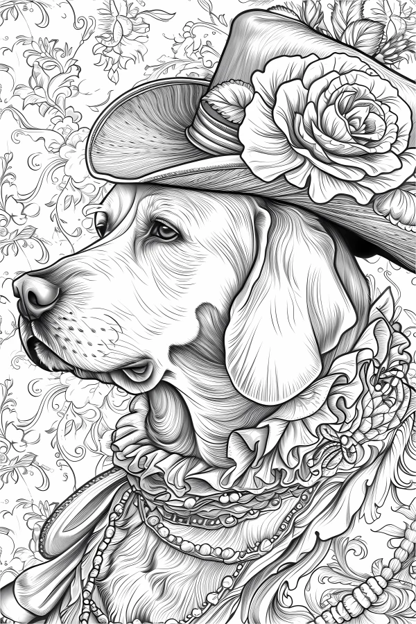 Vintage dressed hound dog wearing wide-brimmed hat adorned with rose, ruffled collar and pearl necklaces — free printable fashion coloring book page