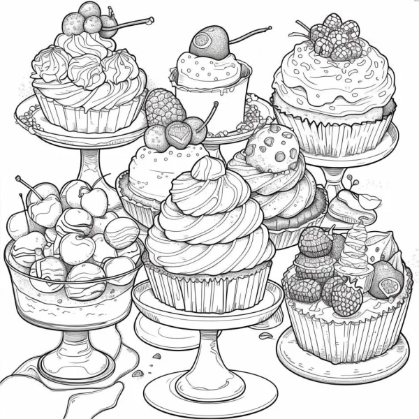 Various cupcakes and desserts, cartoon style — free printable food coloring book page