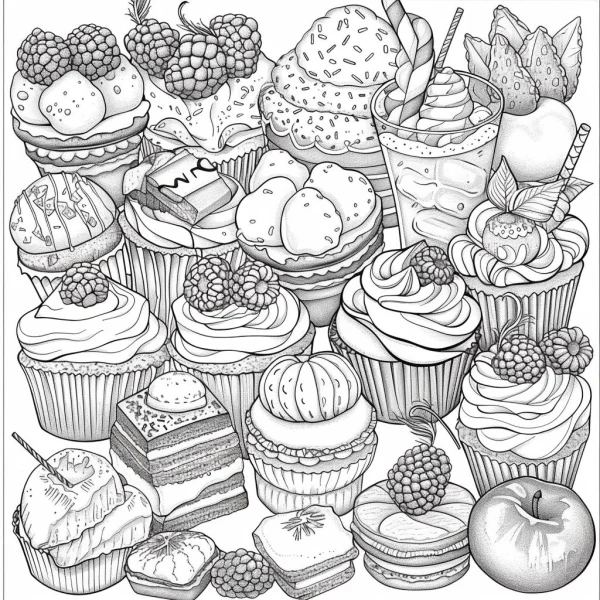 Assorted desserts and berries including cupcakes, ice creams — free printable food coloring book page
