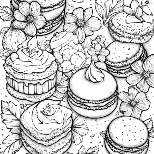 Assortment of macarons, cupcake with flowers and leaves — free printable flowers coloring book page