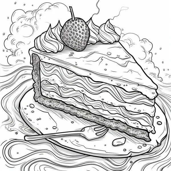 Layered cream cake with strawberry topping, placed on a plate with a fork — free printable food coloring book page