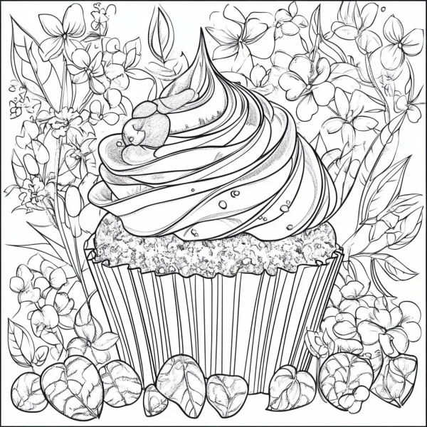 Cupcake with whipped cream and berries, surrounded by various flowers and leaves — free printable food coloring book page