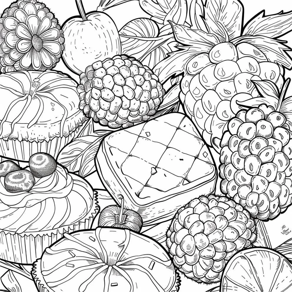 Assortment of desserts and berry fruits including raspberries, apples — realistic style — moderate detail — line art coloring page — for kids and adults of all ages