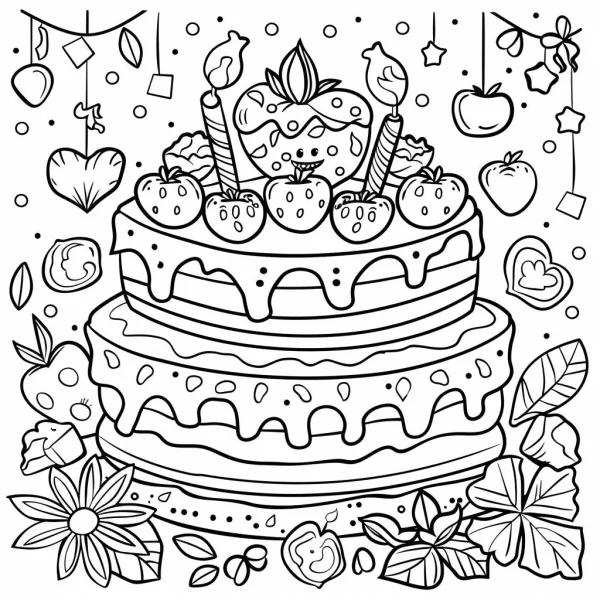 Multi-layer birthday cake with strawberries and candles, cartoon style — free printable food coloring book page