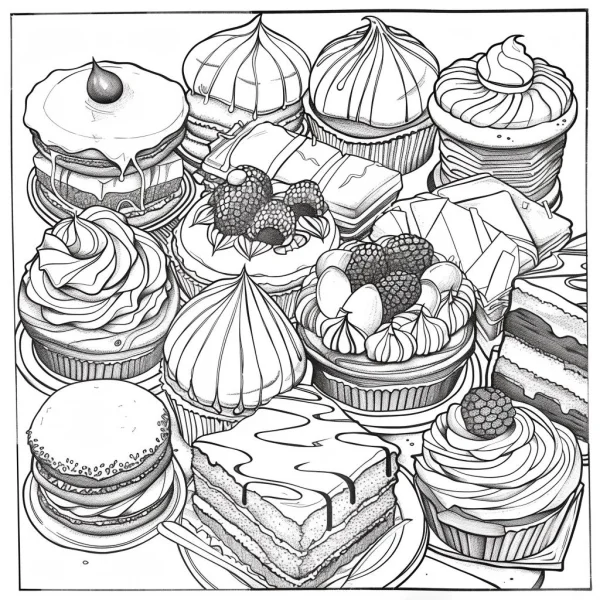 Assorted desserts including cupcakes, macarons — free printable food coloring book page