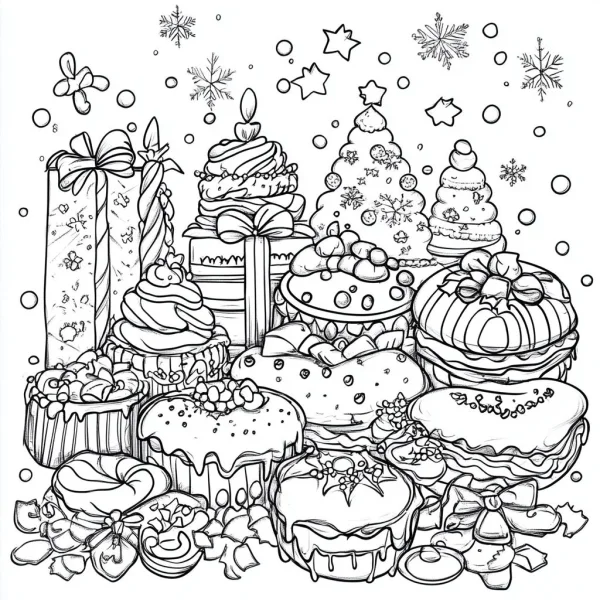 Christmas-themed dessert and gift set, cartoon illustration style — free printable food coloring book page