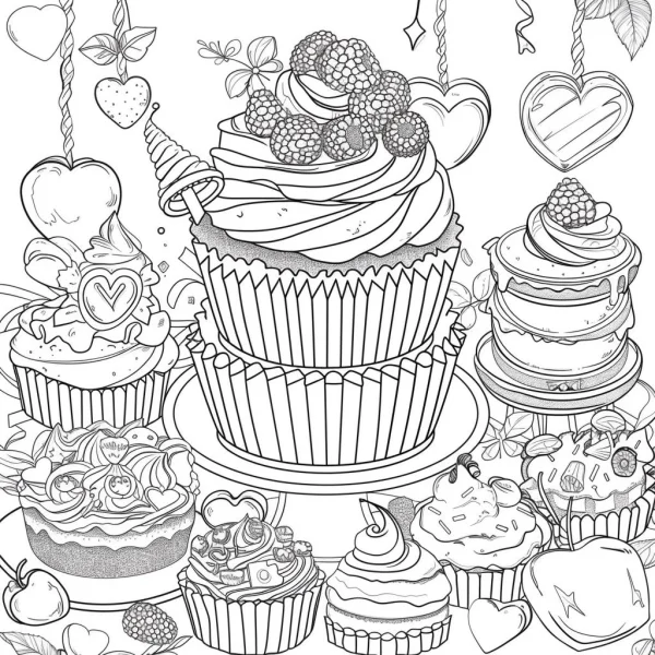Assorted cute cupcakes and desserts, cartoon style — free printable food coloring book page