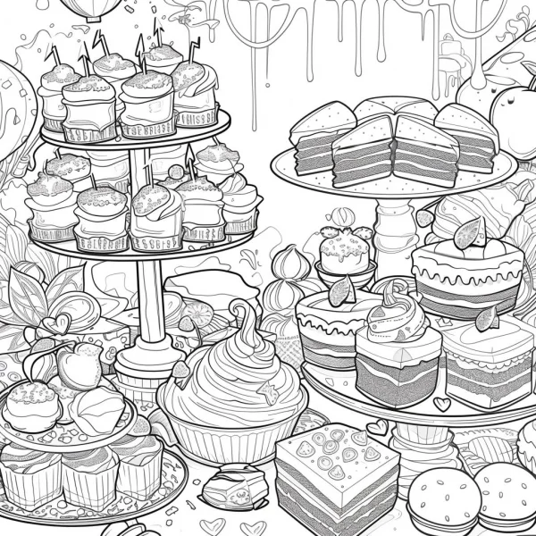 Coloring book page, multi-tiered dessert stand with various cakes — free printable food coloring book page