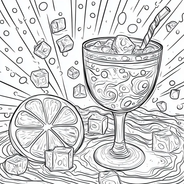 Iced drink in goblet with lemon slice, line art sketch style — free printable food coloring book page