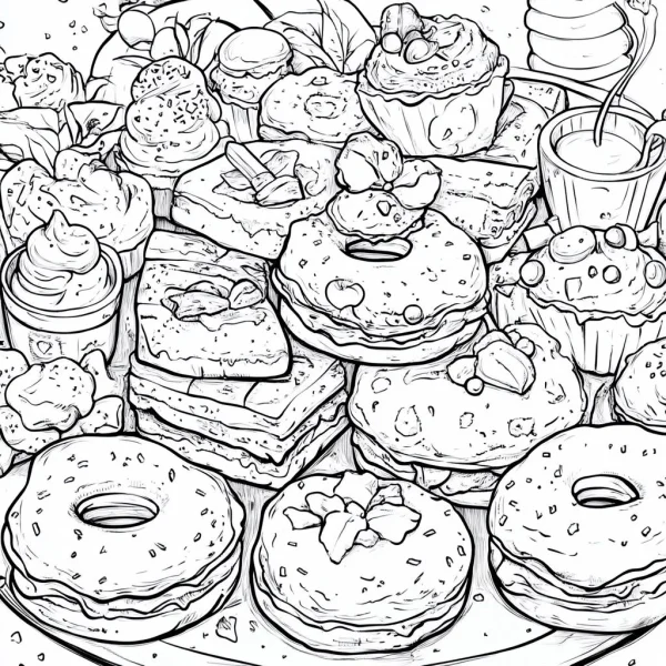 Assortment of desserts including donuts, cupcakes — free printable food coloring book page
