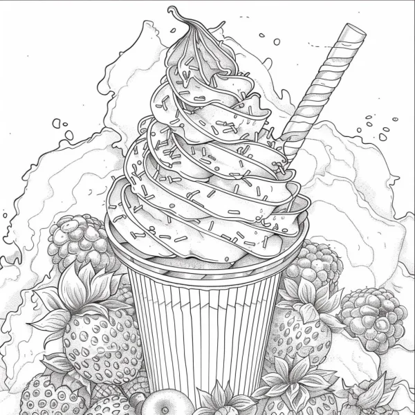 Sundae ice cream with strawberries and raspberries, realistic line art style — free printable plants coloring book page