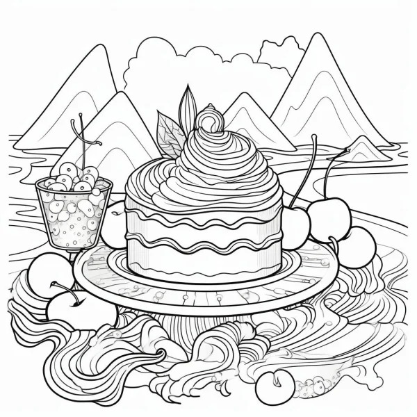 Cream cake with cherries and berry cup, cartoon style — free printable food coloring book page