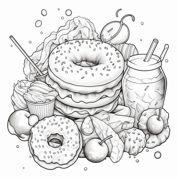 Combination of desserts and snacks including sprinkled donuts, cupcakes with cream — free printable food coloring book page