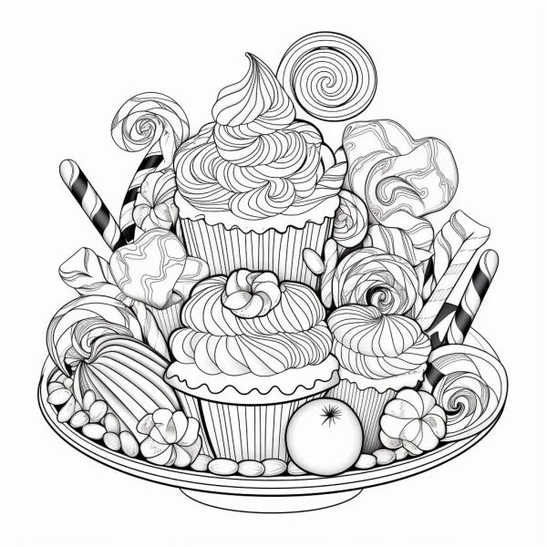 Coloring book page, platter of cupcakes and assorted sweet desserts — free printable food coloring book page