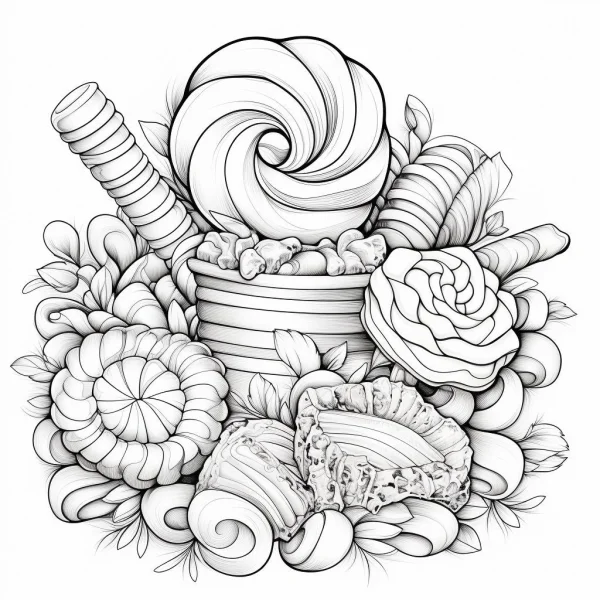 Coloring book page, decorative dessert and candy combination — free printable food coloring book page