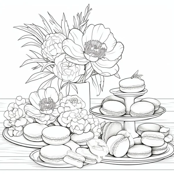 Coloring book page, macarons and peony flowers arranged on wooden table with tiered dessert stand — free printable plants coloring book page