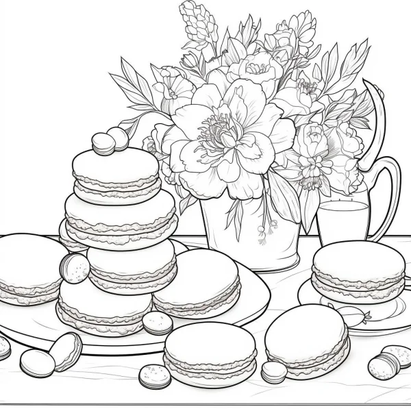 Stacked macarons with a vase of flowers, realistic sketch line art style — free printable food coloring book page