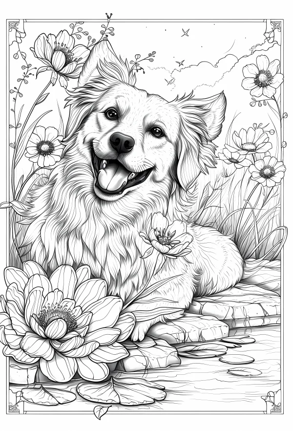 Happy smiling dog, realistic line art style — free printable pets coloring book page